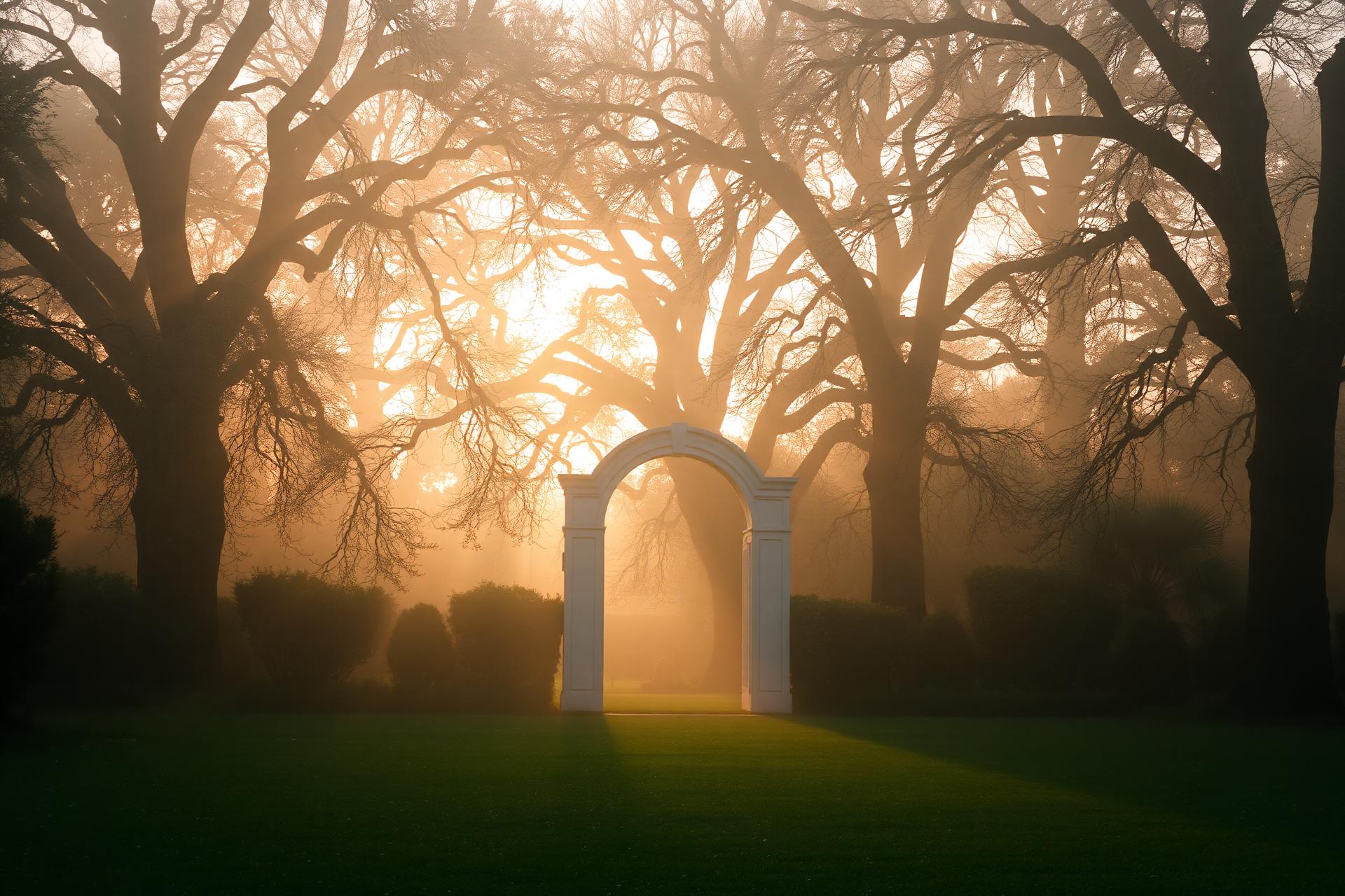 Soft sunrise through ancient oaks behind an ivory garden gate